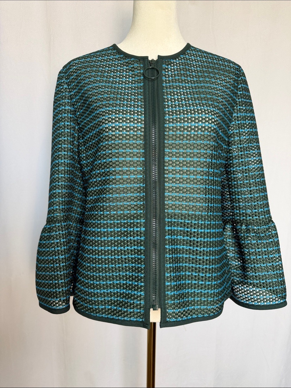 Akris Punto Printed Evening Jacket Size 6 Blue Green Zip Front Trumpet Sleeves